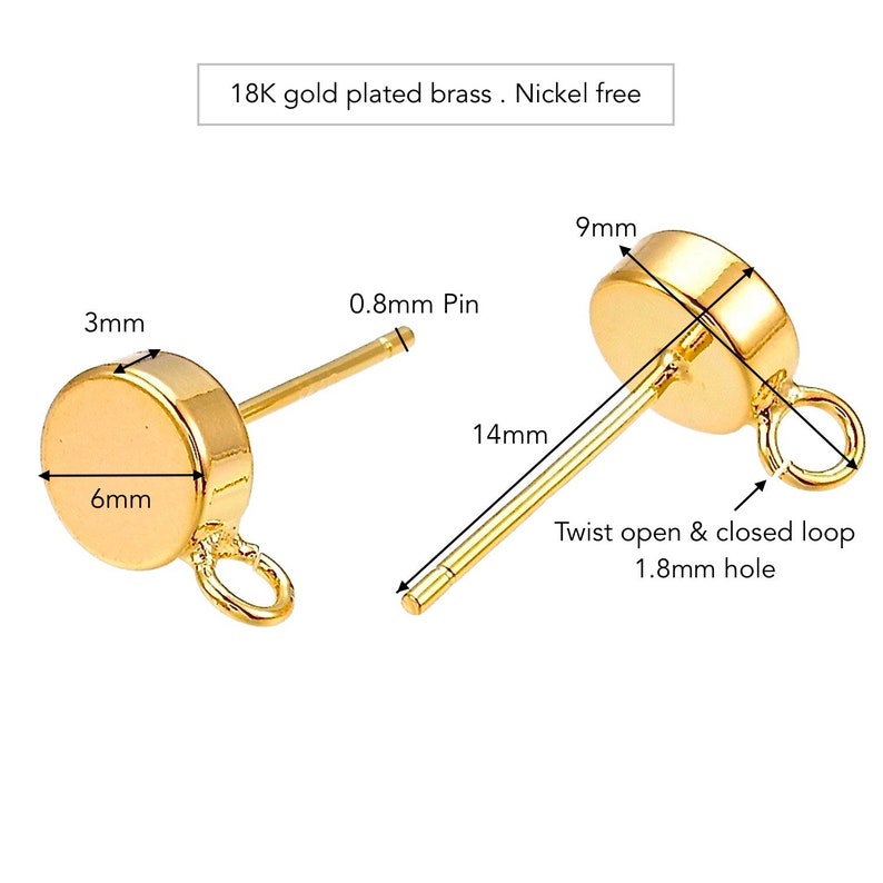 18K Gold Plated Flat Round Ball Stud Earring Post Findings with Open Loop for Charm pendants . Ear Wire Post Studs for Jewelry Making