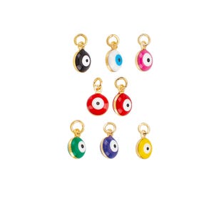 May include: Seven gold charms with different colored evil eye designs. The charms are round and have a gold loop at the top for attaching to a necklace or bracelet.