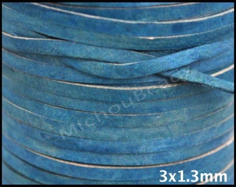 5 Yards 3mm FLAT Leather Cord - Distressed Blue 3x1.3mm Genuine NATURAL Indian Leather Cord for Wrap Bracelet - 15 Feet - Natural Edges