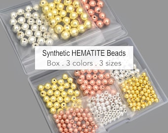 310 Pcs BOX Round HEMATITE beads . Mixed Colors & Sizes . Electroplated Rose Gold Silver 4mm 6mm 8mm Synthetic Non Magnetic