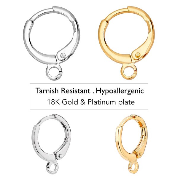 10 Pcs 15mm Hypoallergenic Lever Back Huggie Hook Ear Wires w/ Open Loop Earring Tarnish Resistant 18K Gold & Platinum Plated Brass