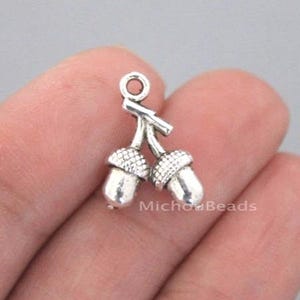 May include: Silver-toned acorn charm with detailed caps and smooth bodies. The charm is connected by a small branch and a loop for hanging. The charm is likely used for jewelry making or crafting.