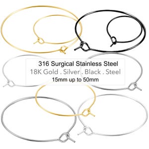 20x 316 Surgical STAINLESS Steel HOOPS Earrings Wine Glass Rings 18K Gold SILVER Black Hoop Ear Wires - 15mm 20mm 25mm 30mm 35mm 40mm 50mm