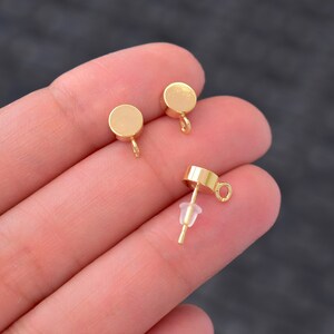 Strong 18K Gold Plated Flat Round Ball Stud Earring Post Findings with Open Loop for Charm pendants . Ear Wire Post Studs for Jewelry Making