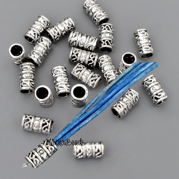 20 TIBETAN Style Tube Beads - 12x6.5mm Antiqued SILVER Large HOLE 4.6mm Bead - Boho Metal Barrel Beads - Wholesale Beads - 5500