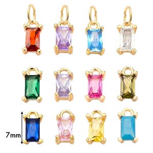 Tiny 18K Gold Plated CZ BIRTHSTONE Charms . Rectangle baguette 7mm Cubic Zirconia Drop Charm Dangle Pendant DIY Earrings Necklace Jewelry