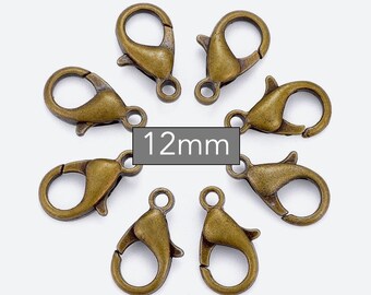 20 - 100 Antique BRONZE 12mm Lobster Clasps . 12X7mm Lobster Claw Clasp . Wholesale Clasp Lead Nickel Safe . Instant Shipping- 6456 / 238