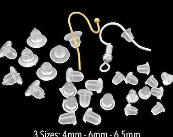 Soft RUBBER EAR NUTS - 3 Sizes Clear Earring Back Stoppers - 4x4mm 6x4.5mm 6.5x5mm - Safety Bell Studs Post Earnuts Bullet Clutch