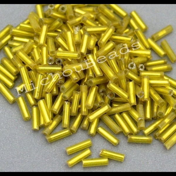 15 Grams / 440 Beads CITRON 6mm Silver Lined Glass BUGLE Seed Tube - Skinny 6x1.45mm 0.72mm Hole Irregular DIY - Instant Ship - 6703