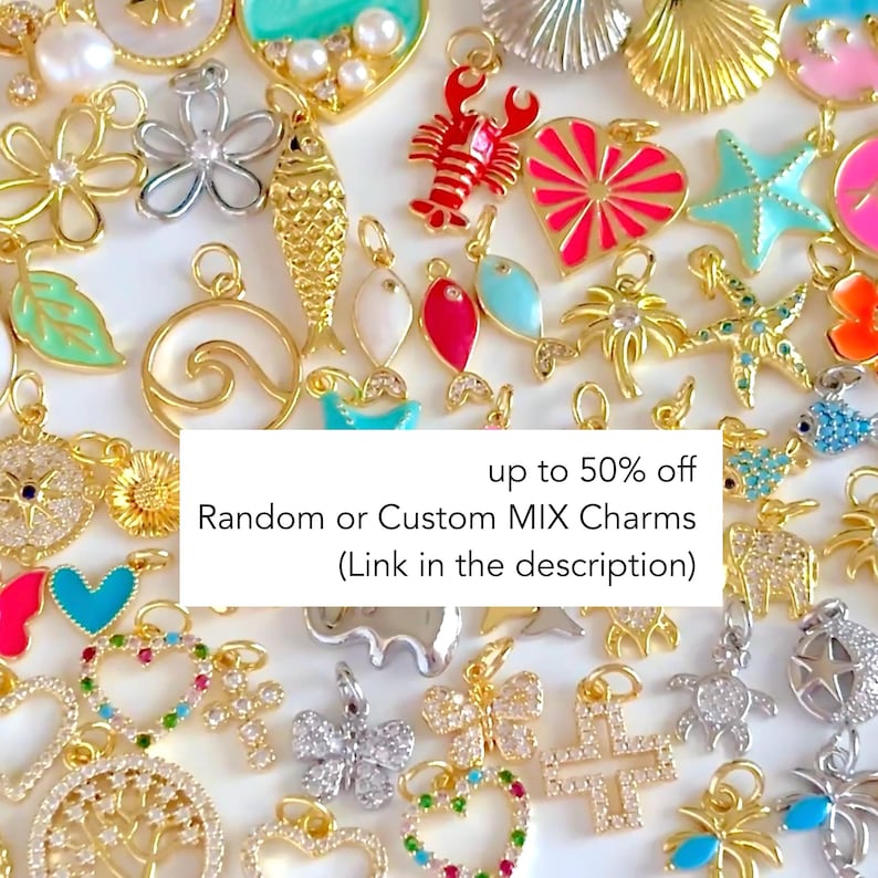 Beach ocean vacation travel theme gold platinum charms in bulk random or clip on fold clasp charm holders and custom mix grab bags charm pendants for DIY add on charm bracelets necklaces earrings sandals shell pearls plane fish enamel cz cubic zirconia palm coconut tree lobster stars moon sun celestial starfish sand dollar lobster wave surf bees butterfly flowers floral charms by MichouBeads
