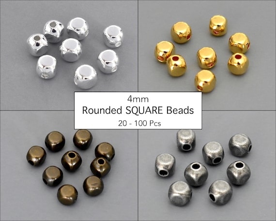 4mm Rounded SQUARE Beads - 4x3mm w/ 1mm Hole Silver Gold Antique Bronze  Rectangle Cube Spacer Bead - Plated Brass Wholesale Beading Supplies