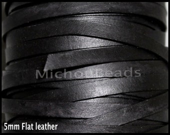 5 Yards 5mm FLAT Leather Cord - Matte BLACK Genuine Natural Indian Leather for Wrap Bracelet - 15 Feet  Leather by the Yard DIY  5x1mm