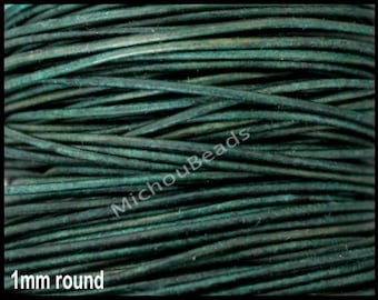 5 Yards 1mm Round LEATHER Cord - 15 Feet Distressed GREEN natural Genuine Indian Boho Leather Cording By the Yard - Instant Ship - USA DSt