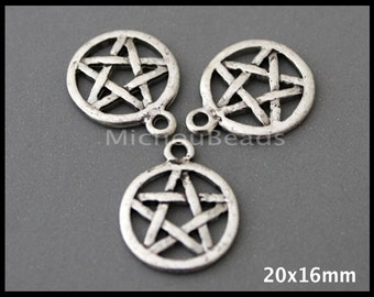 20 Antiqued SILVER 20mm PENTAGRAM Star Charm Dangle - 20x16mm Round Circle Metal Boho Dangle Pendant Findings  - Instant Ship Usa - 6941