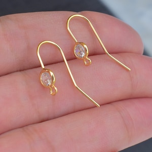 4/10 Zircon Ear Wire Stud 18K Gold Plate with Vertical Loop . Round Clear Cubic Zirconia Curved Hook Earring Findings Charms Earrings Making