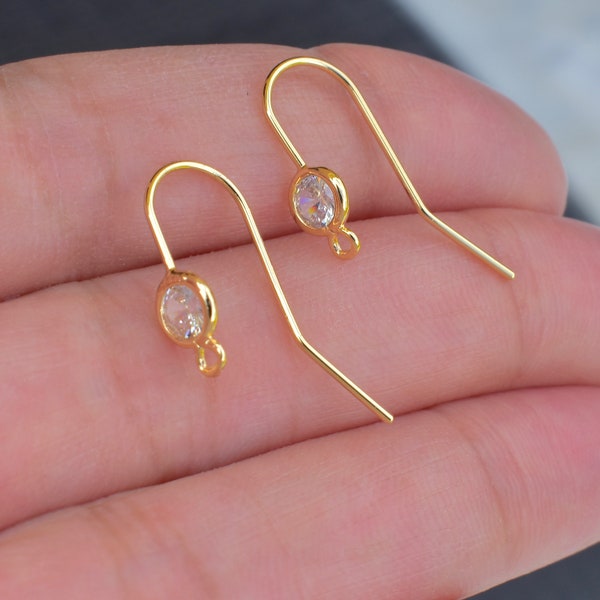 10 Pcs 18K Gold Plated Zircon Ear Wire Stud with Vertical Loop . Clear Cubic Zirconia Long Hook Earring Findings for Charms Jewelry Making