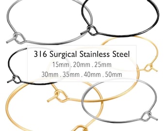 316 Surgical STAINLESS Steel HOOPS Earrings & Wine Glass - 18K GOLD Plated Black Round Hoop Ear Wires - 15mm 20mm 25mm 30mm 35mm 40mm 50mm