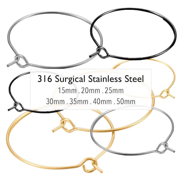 316 Surgical STAINLESS Steel HOOPS Earrings & Wine Glass - 18K GOLD Plated Black Round Hoop Ear Wires - 15mm 20mm 25mm 30mm 35mm 40mm 50mm
