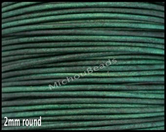 5 Yards 2mm Round LEATHER Cord - DISTRESSED GREEN 15 feet Genuine Natural Lead free dye Indian Boho Leather Cording By the Yard - Usa