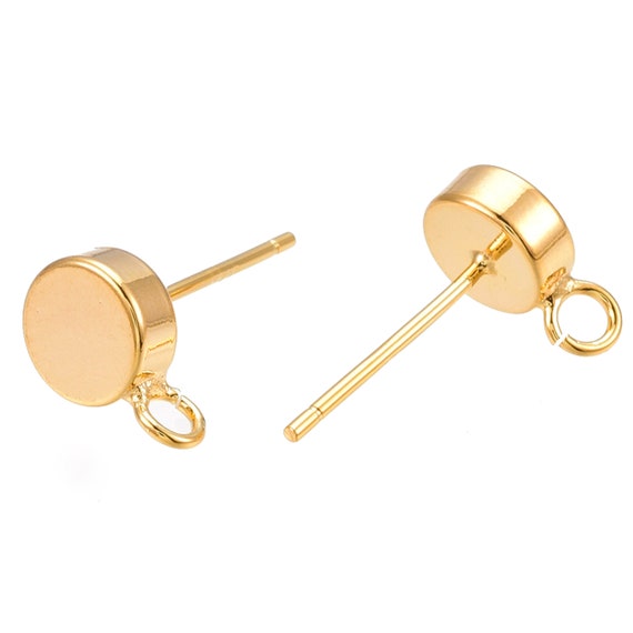 18K Gold Plated Flat Round Ball Stud Earring Post Findings with Open Loop for Charm pendants . Ear Wire Post Studs for Jewelry Making