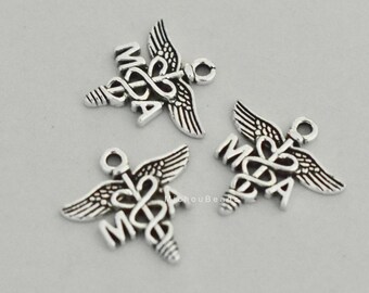 5 MA Caduceus Charms - 25mm Antiqued Silver Medical Assistant Symbol - 7133
