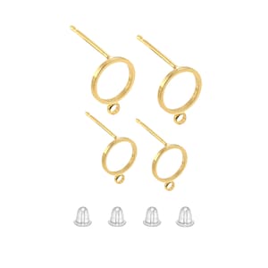 May include: Four gold-toned earring settings with a round opening and a small loop at the bottom. Six silver-toned earring backs are also included.