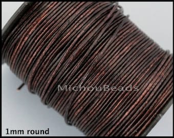 5 Yards 1mm Round Dark EARTH Brown Genuine Natural LEATHER Cord - 15 Feet Indian Boho Real Leather Cording By the Yard - USA DIy Beading