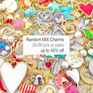 May include: A collection of gold, silver, and enamel charms in various shapes, including hearts, starfish, shells, and sea creatures. Some charms feature pearls and colorful accents. The image includes text that reads "Random MIX Charms 20-50 pcs or pairs up to 45% off."