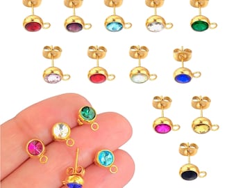 BIRTHSTONE Ear Stud Earrings w/ Openable Loop for Charms . STAINLESS Steel Gold 7mm Round Ear Post Studs Wire For DIY cz earring making