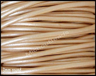 5 Yards 3mm Round LEATHER Cord - 15 Feet Metallic LIGHT Gold Genuine Indian Natural Leather Wholesale Boho Cording By the Yard Instant Ship