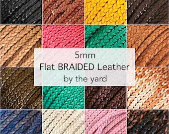 5mm Flat BRAIDED Leather Cord - Genuine Flat Leather Cord Braided by the Yard Wholesale Natural Leather - Metallic Distressed Regular Colors