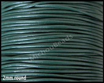 5 Yards 2mm Round LEATHER Cord - DARK Green 15 Feet Genuine Natural Lead free dye Indian Boho Leather Cording By the Yard - USA Wholesale