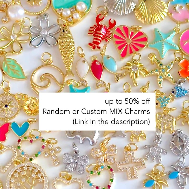 Beach ocean vacation travel theme gold platinum charms in bulk random or clip on fold clasp charm holders and custom mix grab bags charm pendants for DIY add on charm bracelets necklaces earrings sandals shell pearls plane fish enamel cz cubic zirconia palm coconut tree lobster stars moon sun celestial starfish sand dollar lobster wave surf bees butterfly flowers floral charms by MichouBeads