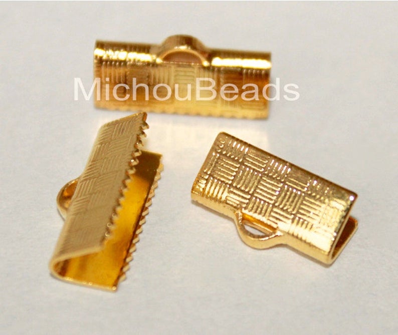 USA Wholesale Discount Crimps 15x6mm Rectangle Brass Clamp Crimps for Leather and Cord 5808 6 Textured GOLD 15mm Ribbon End CRIMPS