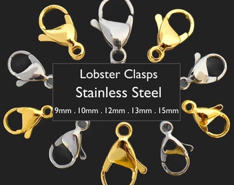 STAINLESS STEEL & 24K GOLD Plated Lobster Clasps - 304 and 316 Surgical Stainless Steel 9mm 11mm 12mm 13mm 15mm Lobster Claw Clasp - 7546