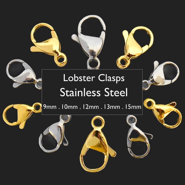 STAINLESS STEEL & 24K GOLD Plated Lobster Clasps - 304 and 316 Surgical Stainless Steel 9mm 11mm 12mm 13mm 15mm Lobster Claw Clasp - 7546