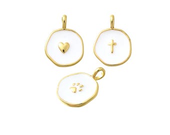 18K Gold ENAMEL Heart Cross or Paw Charm 18.5mm White Enamel Disc Medallion Pendants w/ Loop DIY . Add On Charms Jewelry Making