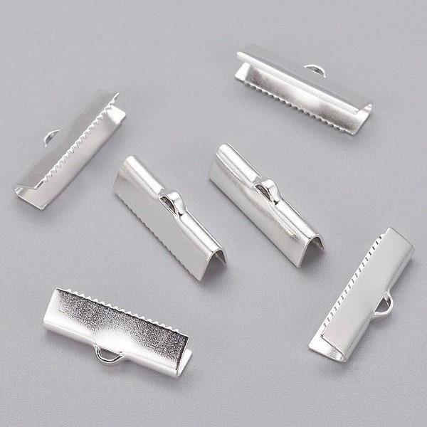 10 SILVER 20mm Ribbon CRIMP - Smooth 20x6mm Rectangle Ribbon End Clamp Brass Crimps for Leather n Cord - USA Discount Crimps - 5814