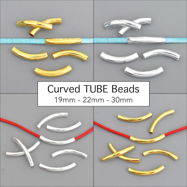 Curved TUBE Beads - Large Hole SILVER and GOLD Mini Short Noodle Beads - 19x3mm / 22x3mm / 30x5mm - Tube Bead for Leather and Cords