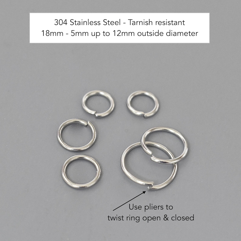 anti tarnish 304 Stainless steel open round jump rings in 18 gauge and 20g - Openable Jumprings STAINLESS STEEL 18g & 20 G in 4mm 3.5mm 3mm 5mm 6mm 8mm 10mm 12mm OD outside diameter linking ring connectors links jewelry beading supplies by MichouBeads