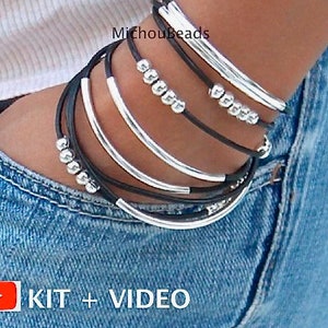 DIY KIT Black Boho Leather Tube Triple Wrap Bracelet - Silver Plated Crescent Curved Tubes - Kit YouTube Tutorial Video