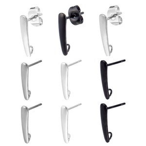 6 Pcs 15mm Stainless Steel Ear Wire Stud Earring with Loop . Oval Rectangle Long Earring Post Findings . Silver Rose Gold Black w/ Ear NUTS