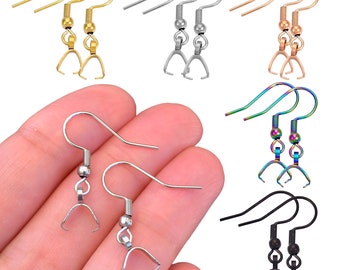 12 French Fish Hook Ear Wires Pinch Bails - Stainless Steel Earring Hook Clasps for Pendants Rose Gold Black Rainbow Brass Findings