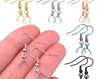 12 French Fish Hook Ear Wires Pinch Bails - Stainless Steel Earring Hook Clasps for Pendants Rose Gold Black Rainbow Brass Findings