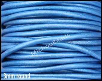 5 Yards 3mm Round LEATHER Cord - 15 Feet Metallic Light BLUE Genuine Indian Natural Leather Wholesale Boho Cording By the Yard -Instant Ship