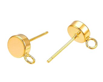 10 Pcs 18K Gold Plated Flat Round Ball Stud Earring Post Findings with Open Loop for Charm pendants . Ear Wire Post Studs for Jewelry Making