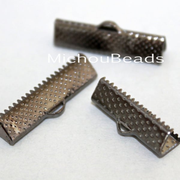 26  Light GUNMETAL 20mm Ribbon Cord CRIMP End Clamps - Rectangle 20x6mm Textured Press Pinch Bail Crimp for Cord Leather - USA  - 5800