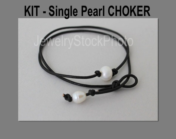 DIY KIT Single Freshwater Pearl Choker on Black Leather Cord | Etsy