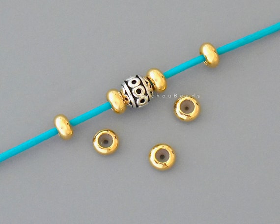 5 STOPPER Beads 6.5mm - 1.2mm Silicone Rubber Hole 6.5x3.5mm 18KT GOLD  Plate Round Slider Adjustable Bead DIY Bracelets Necklaces - 7224