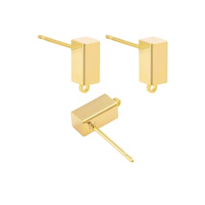 May include: Three gold-toned stud earring components, each featuring a rectangular block shape with a smooth, reflective surface and a small circular loop at the base for attaching charms or dangles, complete with a straight post backing.